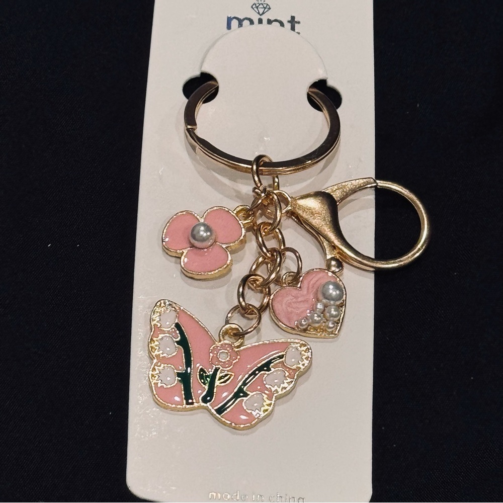 BAG CHARM Mint Pink Butterfly Heart Flower With Faux Pearl Accent Keychain